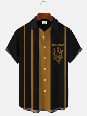 Alohadaddy Summer Geometric Stripes Bowling Men's 50S Commuter Bowling Casual Pocket Button Short Sleeve Shirt