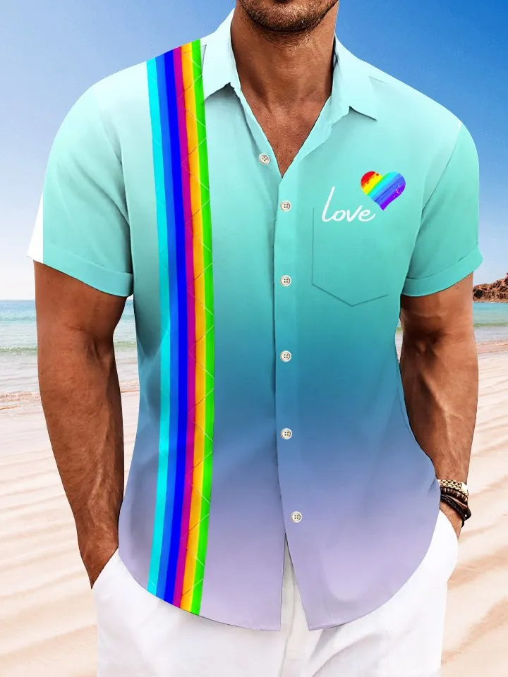 Alohadaddy Summer Gradient Stripes Love Button Pocket Casual Vacation Men's 50S Bowling Commuter Short Sleeve Shirt