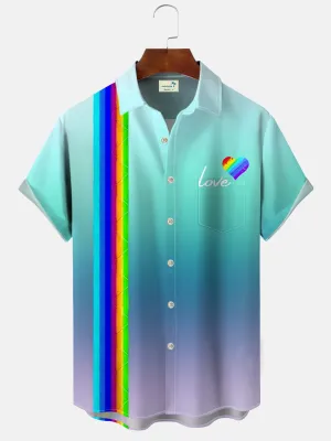 Alohadaddy Summer Gradient Stripes Love Button Pocket Casual Vacation Men's 50S Bowling Commuter Short Sleeve Shirt