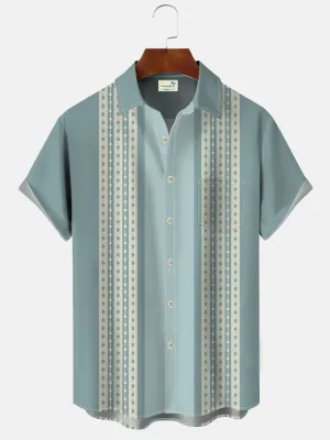Alohadaddy Summer National Geometric Pattern Men's 50S Bowling Commuter Button Pocket Leisure Vacation Short Sleeve Shirt
