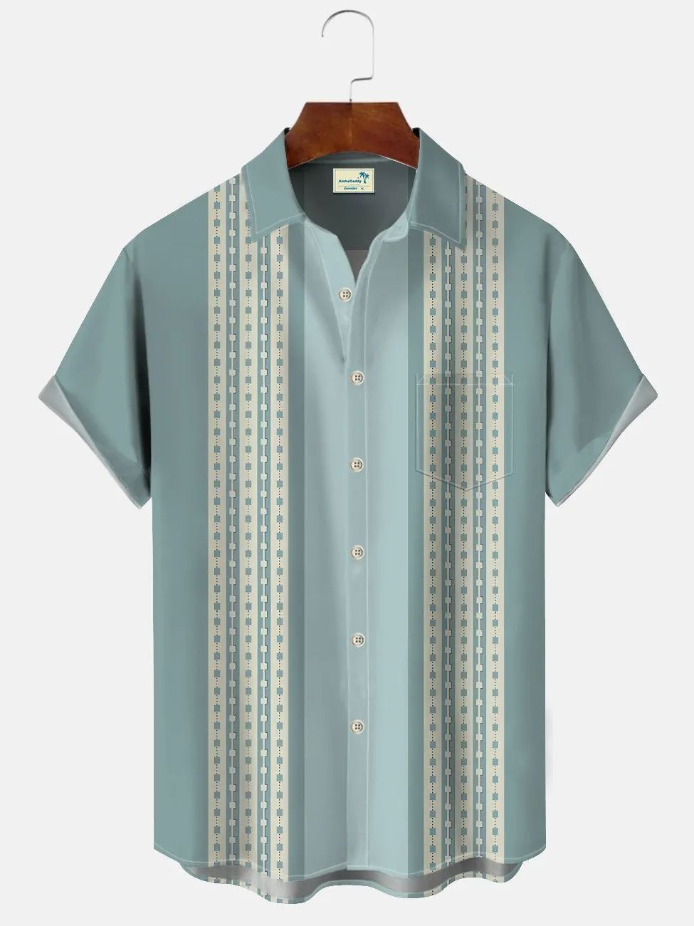 Alohadaddy Summer National Geometric Pattern Men's 50S Bowling Commuter Button Pocket Leisure Vacation Short Sleeve Shirt