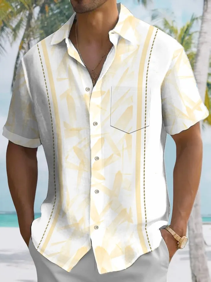 Alohadaddy Summer Retro Geometric Texture Leaves 3D Men Button Pocket Short Sleeve Casual Commuter Shirt