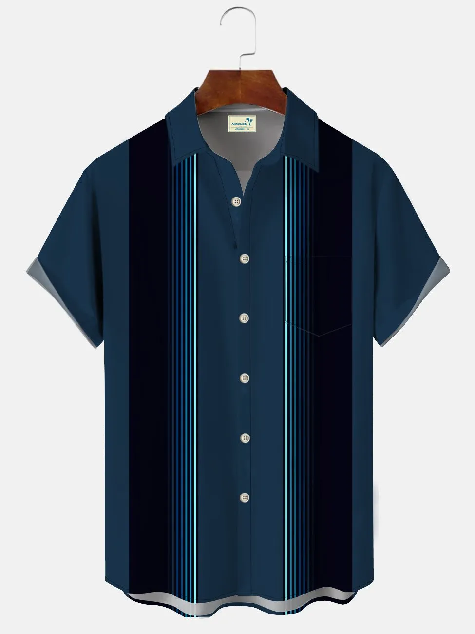 Alohadaddy Summer Stripes Gradient Geometric Pattern Buttons Pockets Vacation Men's 50S Bowling Commuter Short Sleeve Shirt