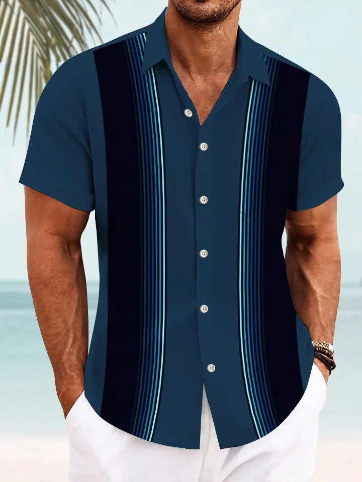 Alohadaddy Summer Stripes Gradient Geometric Pattern Buttons Pockets Vacation Men's 50S Bowling Commuter Short Sleeve Shirt