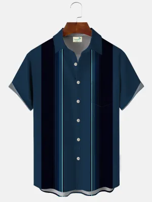 Alohadaddy Summer Stripes Gradient Geometric Pattern Buttons Pockets Vacation Men's 50S Bowling Commuter Short Sleeve Shirt