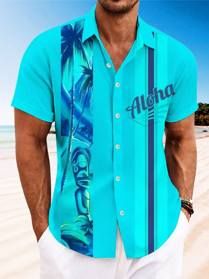 Alohadaddy Text Coconut Tree Stone Statue Geometric Stripes Retro Men's Pocket Button 50S Bowling Commuting Leisure Short Sleeve Shirt