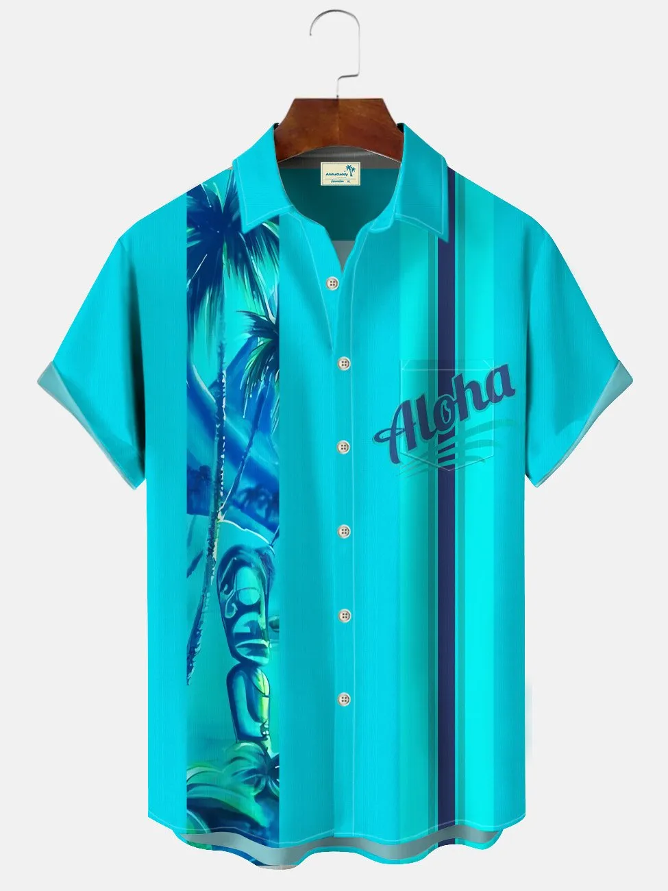 Alohadaddy Text Coconut Tree Stone Statue Geometric Stripes Retro Men's Pocket Button 50S Bowling Commuting Leisure Short Sleeve Shirt
