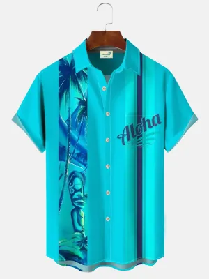 Alohadaddy Text Coconut Tree Stone Statue Geometric Stripes Retro Men's Pocket Button 50S Bowling Commuting Leisure Short Sleeve Shirt