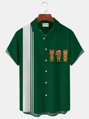Alohadaddy TIKI Alien Hawaiian Pattern Men's Print Basic Resort Shirt Stretch Aloha Pocket Cartoon Camping Shirt