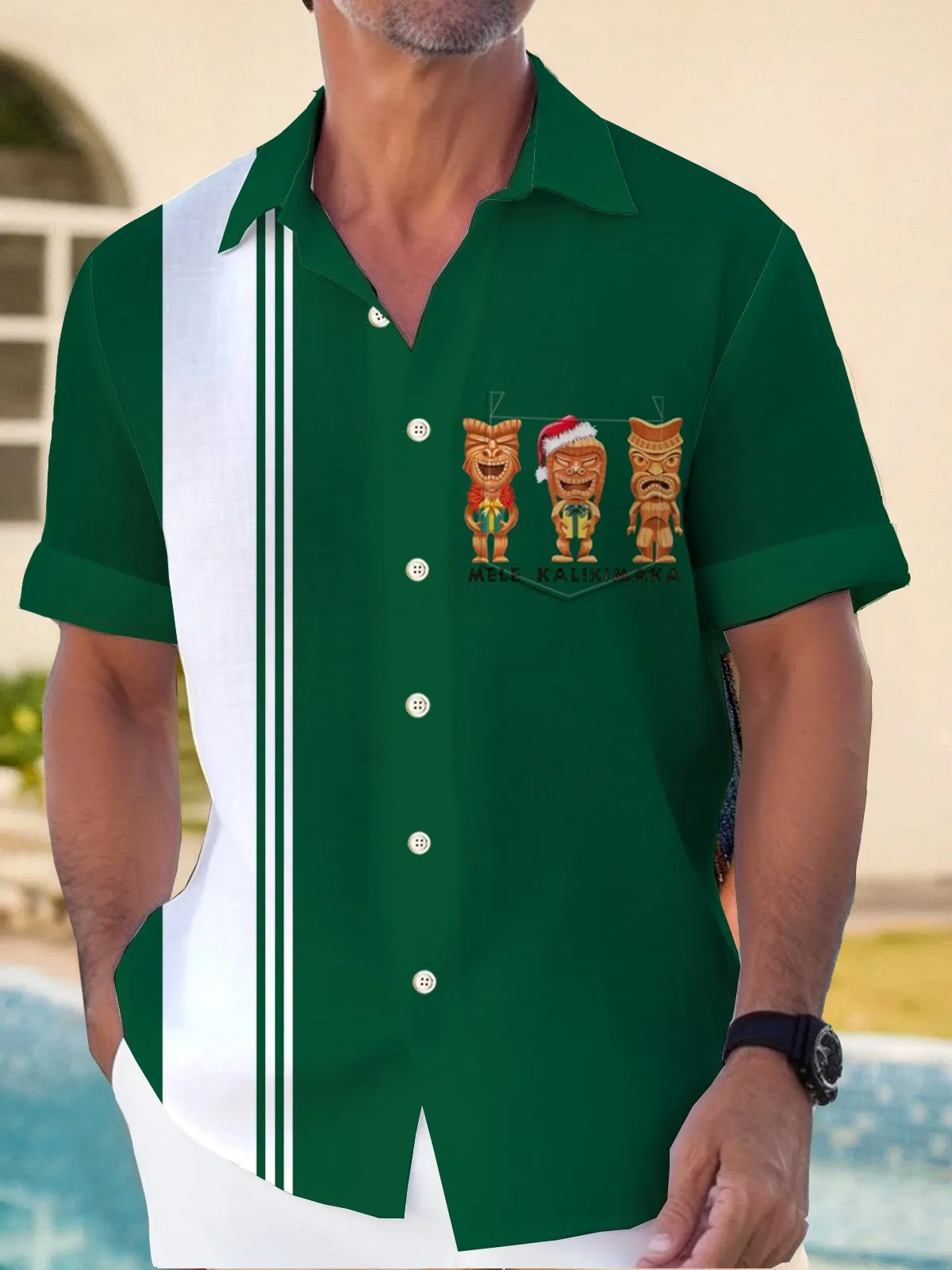 Alohadaddy TIKI Alien Hawaiian Pattern Men's Print Basic Resort Shirt Stretch Aloha Pocket Cartoon Camping Shirt