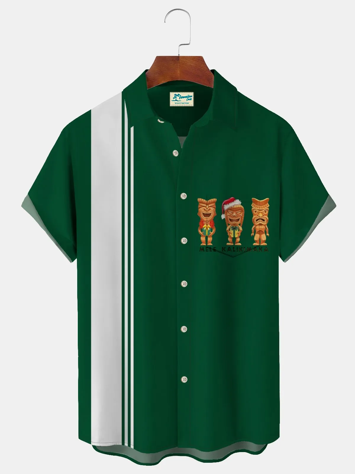 Alohadaddy TIKI Alien Hawaiian Pattern Men's Print Basic Resort Shirt Stretch Aloha Pocket Cartoon Camping Shirt