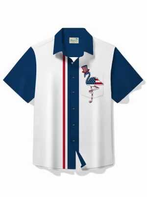 Alohadaddy Vintage Bowling American Flag Flamingo Print Chest Pocket Shirt Plus Size Men's Shirt