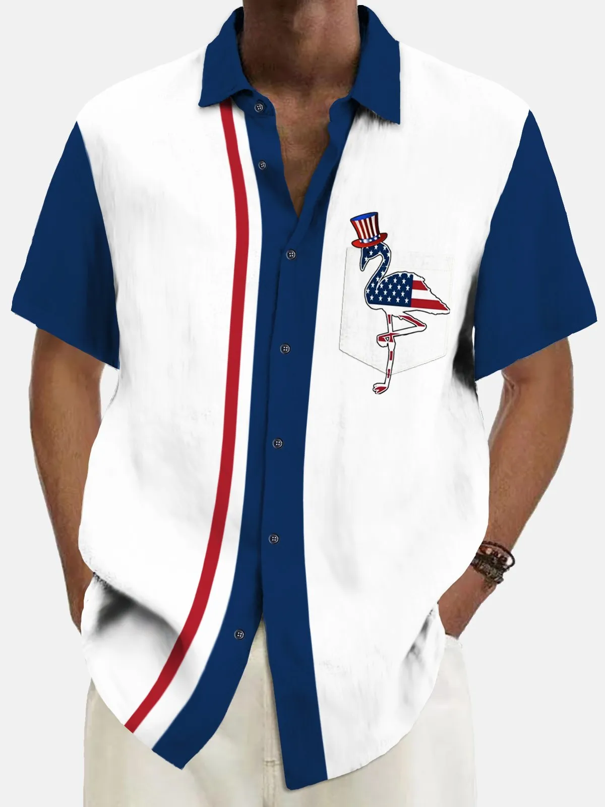 Alohadaddy Vintage Bowling American Flag Flamingo Print Chest Pocket Shirt Plus Size Men's Shirt