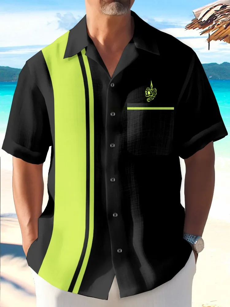 Alohadaddy Vintage Bowling Candle Tattoo Design Printed Chest Pocket Shirt Plus Size Men's Shirt