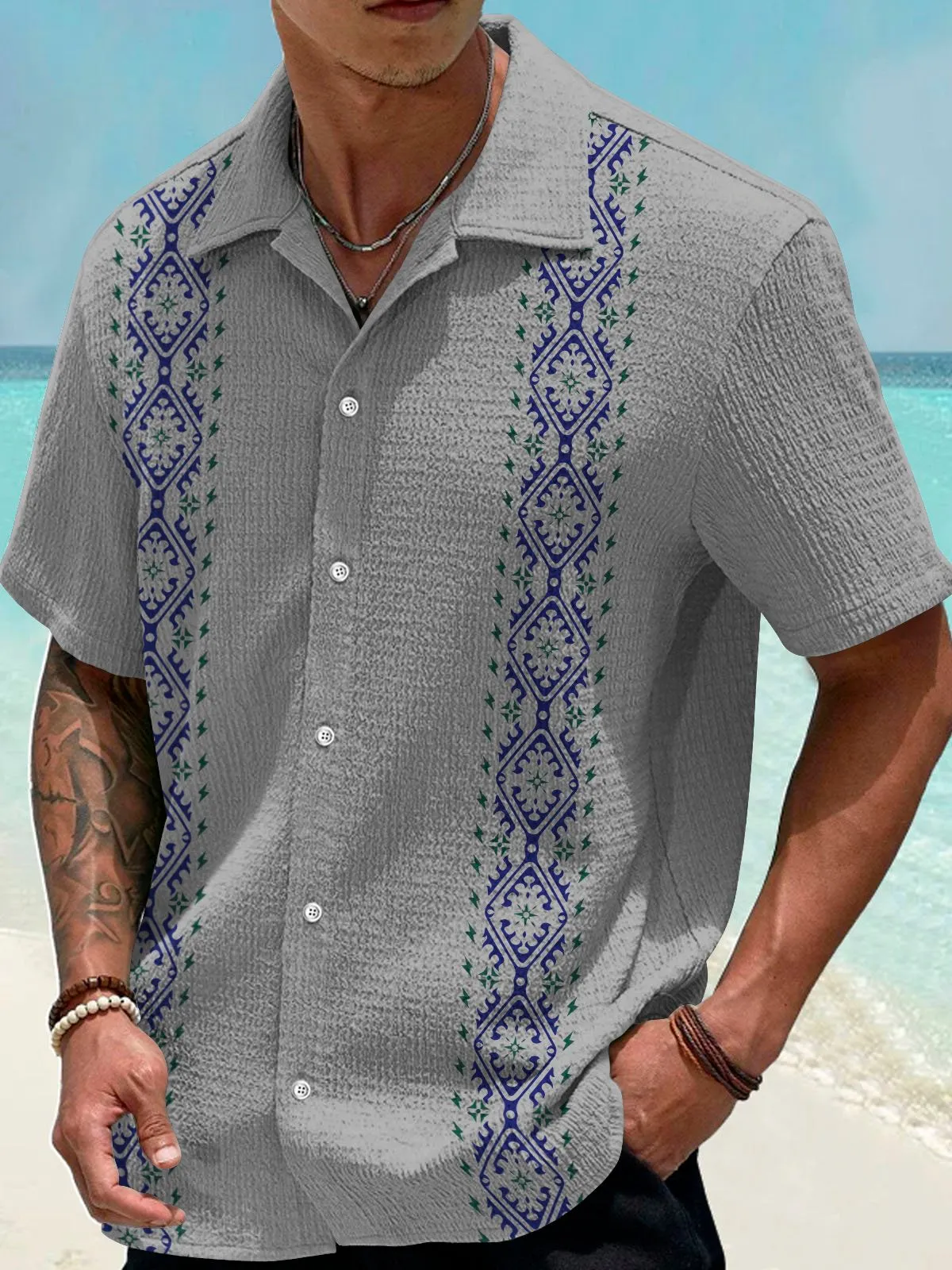 Alohadaddy Vintage Bowling Ethnic Pattern Print Men's Seersucker Stretch Shirt Big Tall