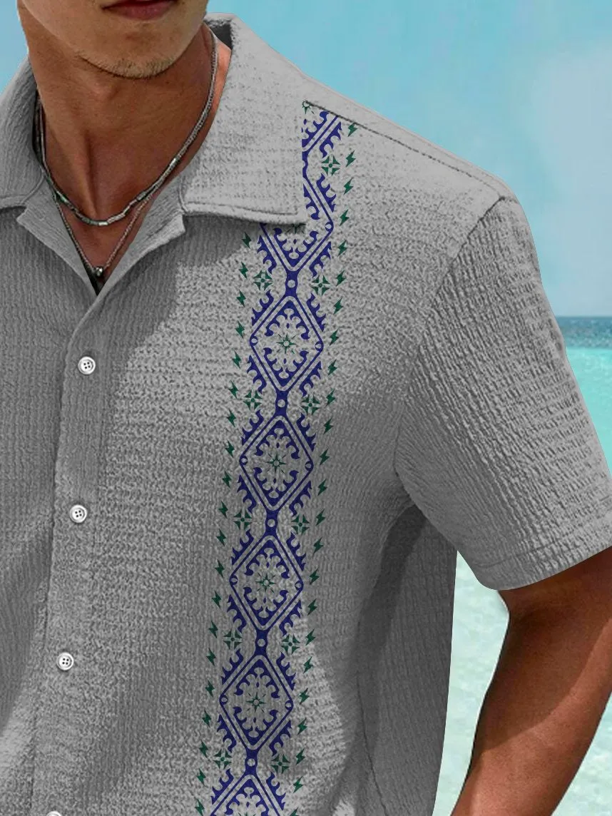 Alohadaddy Vintage Bowling Ethnic Pattern Print Men's Seersucker Stretch Shirt Big Tall