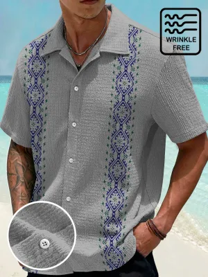 Alohadaddy Vintage Bowling Ethnic Pattern Print Men's Seersucker Stretch Shirt Big Tall