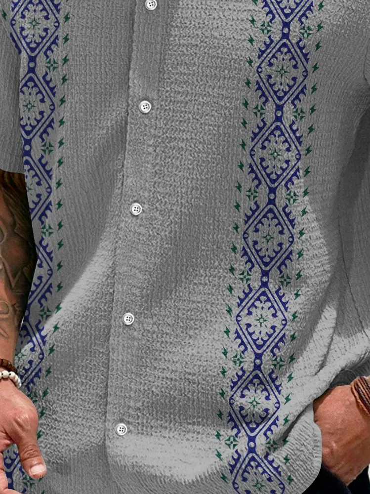 Alohadaddy Vintage Bowling Ethnic Pattern Print Men's Seersucker Stretch Shirt Big Tall