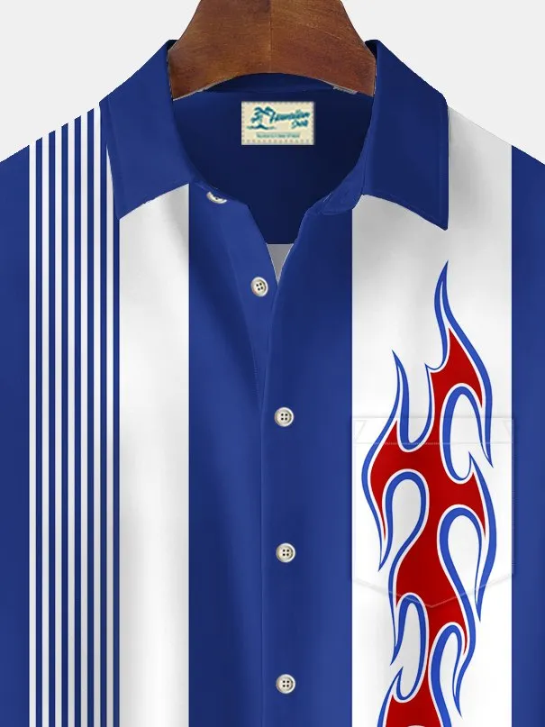 Alohadaddy Vintage Bowling Flame Print Chest Pocket Shirt Plus Size Men's Shirt Big Tall
