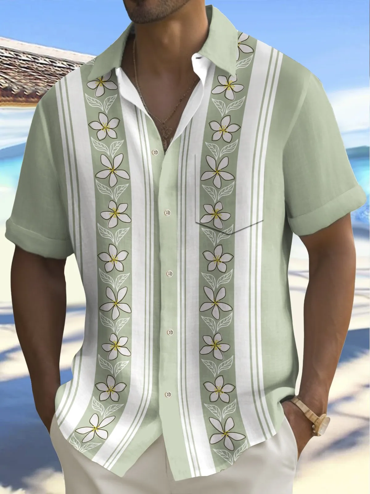 Alohadaddy Vintage Bowling Floral Stripe Print Chest Pocket Men's Tall Shirt Big Tall