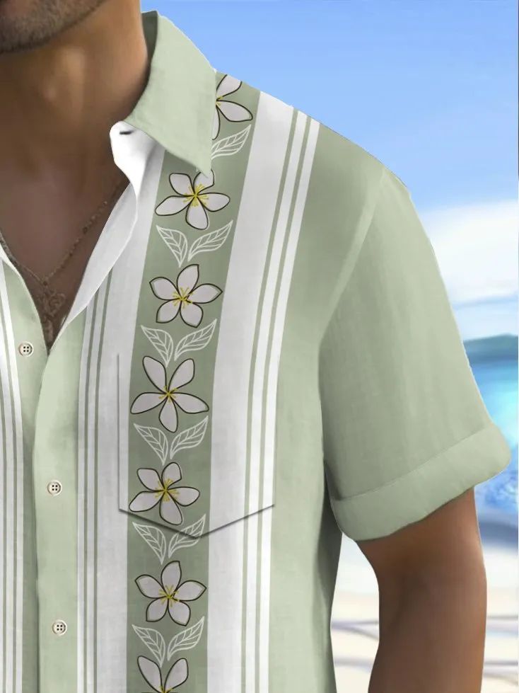 Alohadaddy Vintage Bowling Floral Stripe Print Chest Pocket Men's Tall Shirt Big Tall