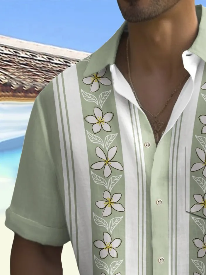 Alohadaddy Vintage Bowling Floral Stripe Print Chest Pocket Men's Tall Shirt Big Tall
