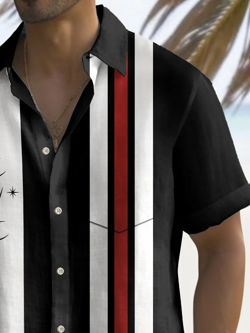 Alohadaddy Vintage Bowling Geometric Cocktail Print Men's Chest Pocket Stretch Shirt Big Tall