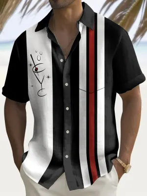 Alohadaddy Vintage Bowling Geometric Cocktail Print Men's Chest Pocket Stretch Shirt Big Tall