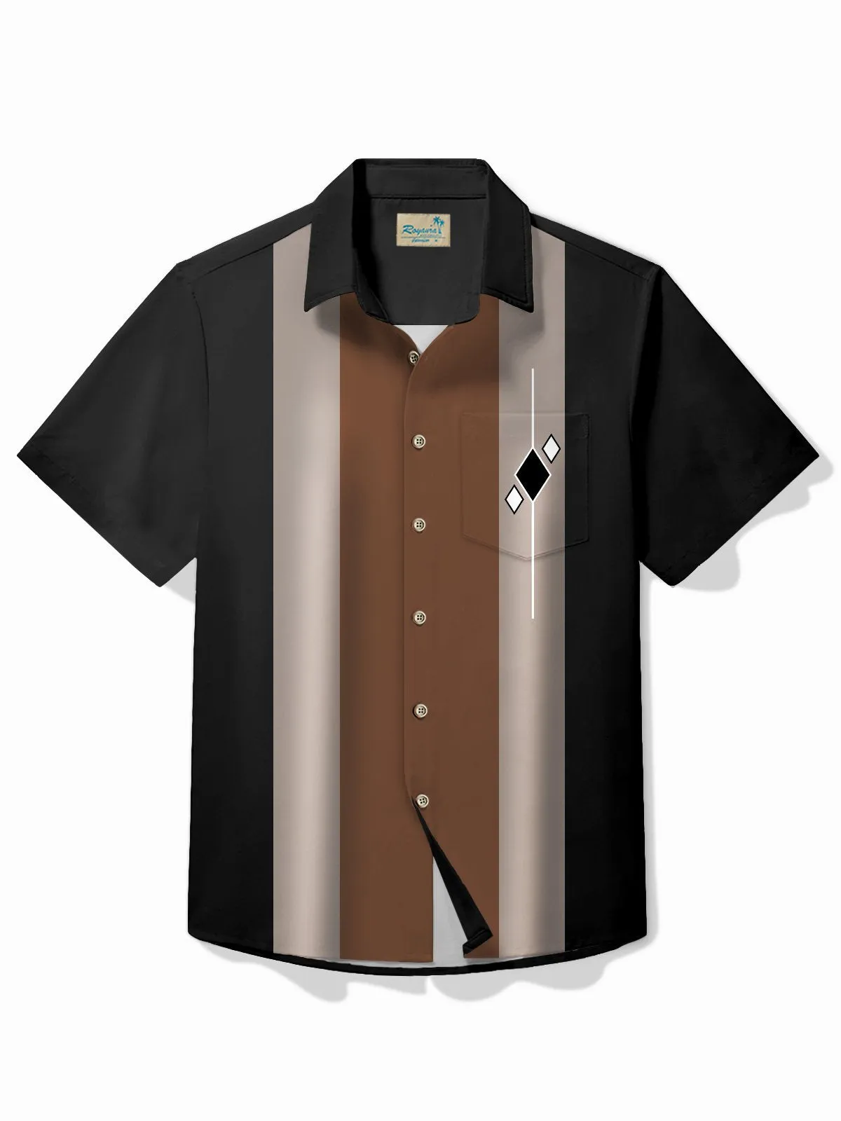 Alohadaddy Vintage Bowling Geometric Diamond Print Chest Pocket Shirt Plus Size Men's Shirt