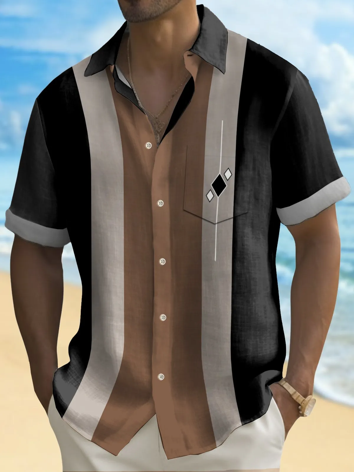 Alohadaddy Vintage Bowling Geometric Diamond Print Chest Pocket Shirt Plus Size Men's Shirt