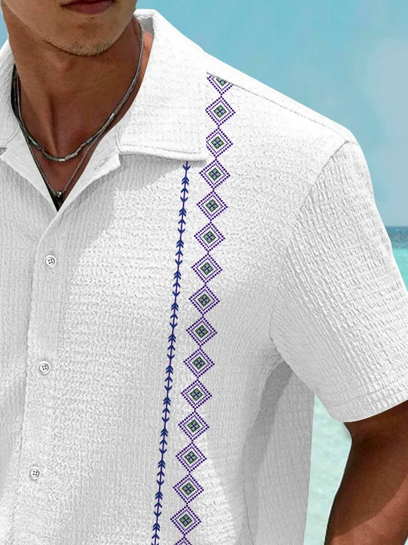 Alohadaddy Vintage Bowling Geometric Print Men's Seersucker Stretch Shirt Big Tall