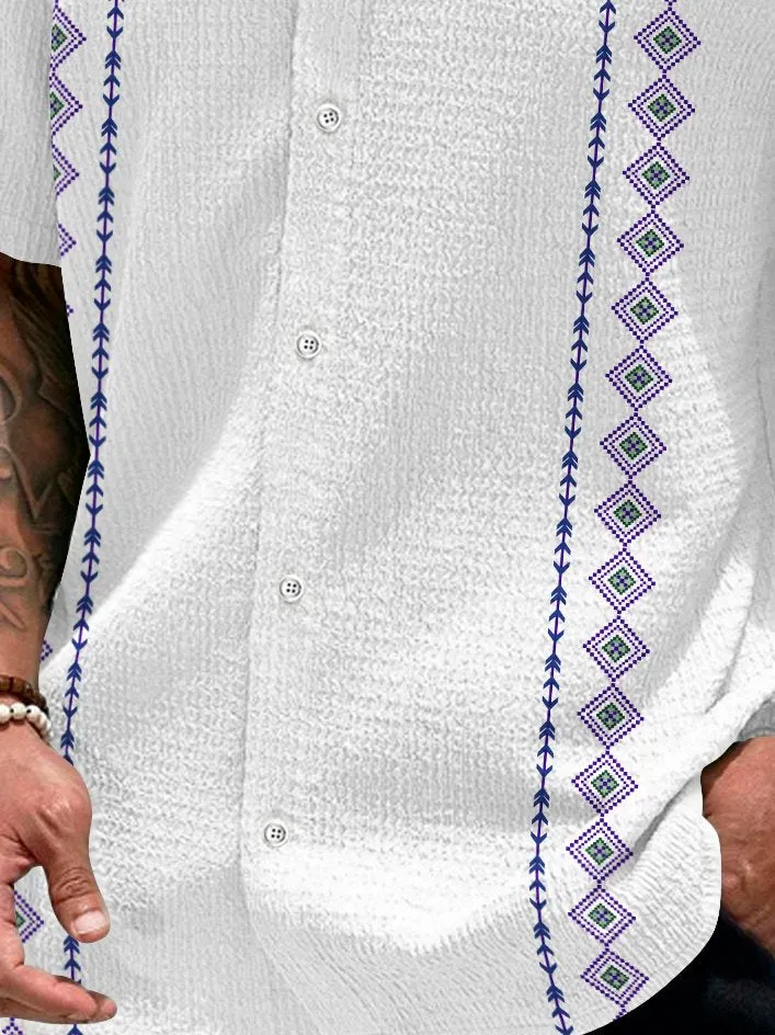 Alohadaddy Vintage Bowling Geometric Print Men's Seersucker Stretch Shirt Big Tall
