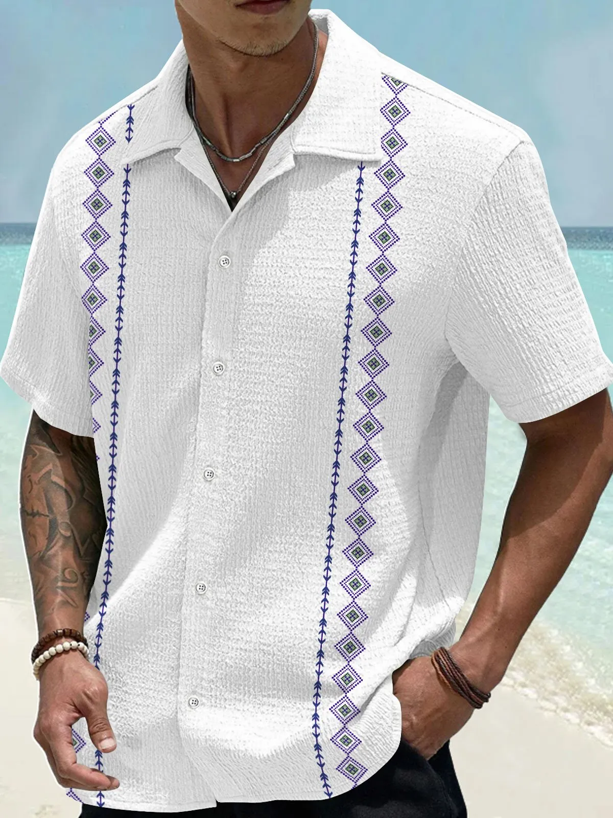 Alohadaddy Vintage Bowling Geometric Print Men's Seersucker Stretch Shirt Big Tall
