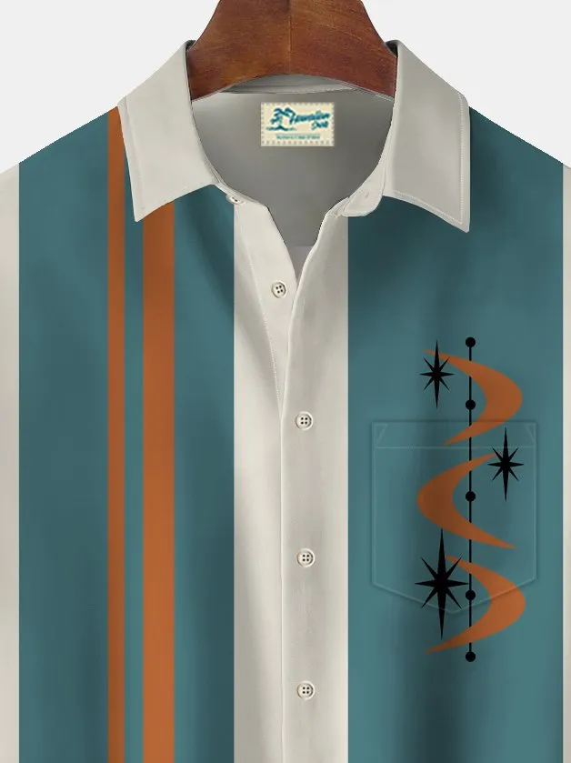 Alohadaddy Vintage Bowling Geometric Starburst Print Men's Chest Pocket Stretch Shirt Big Tall