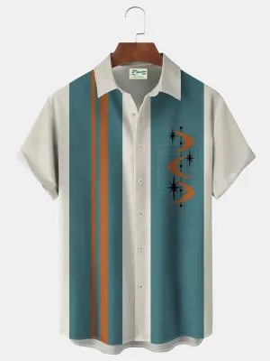 Alohadaddy Vintage Bowling Geometric Starburst Print Men's Chest Pocket Stretch Shirt Big Tall