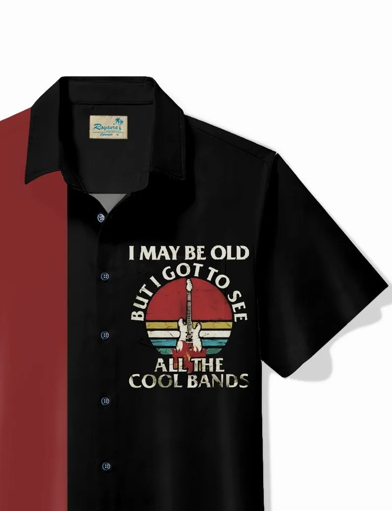 Alohadaddy Vintage Bowling Men's Hawaiian Shirt Musical Guitar Print Pocket Camping Shirt
