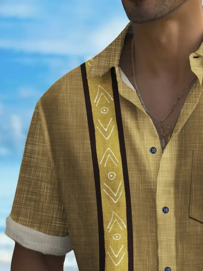 Alohadaddy Vintage Bowling Men's Hawaiian Shirt Stripe Print Guayabera Pocket Camping Shirt
