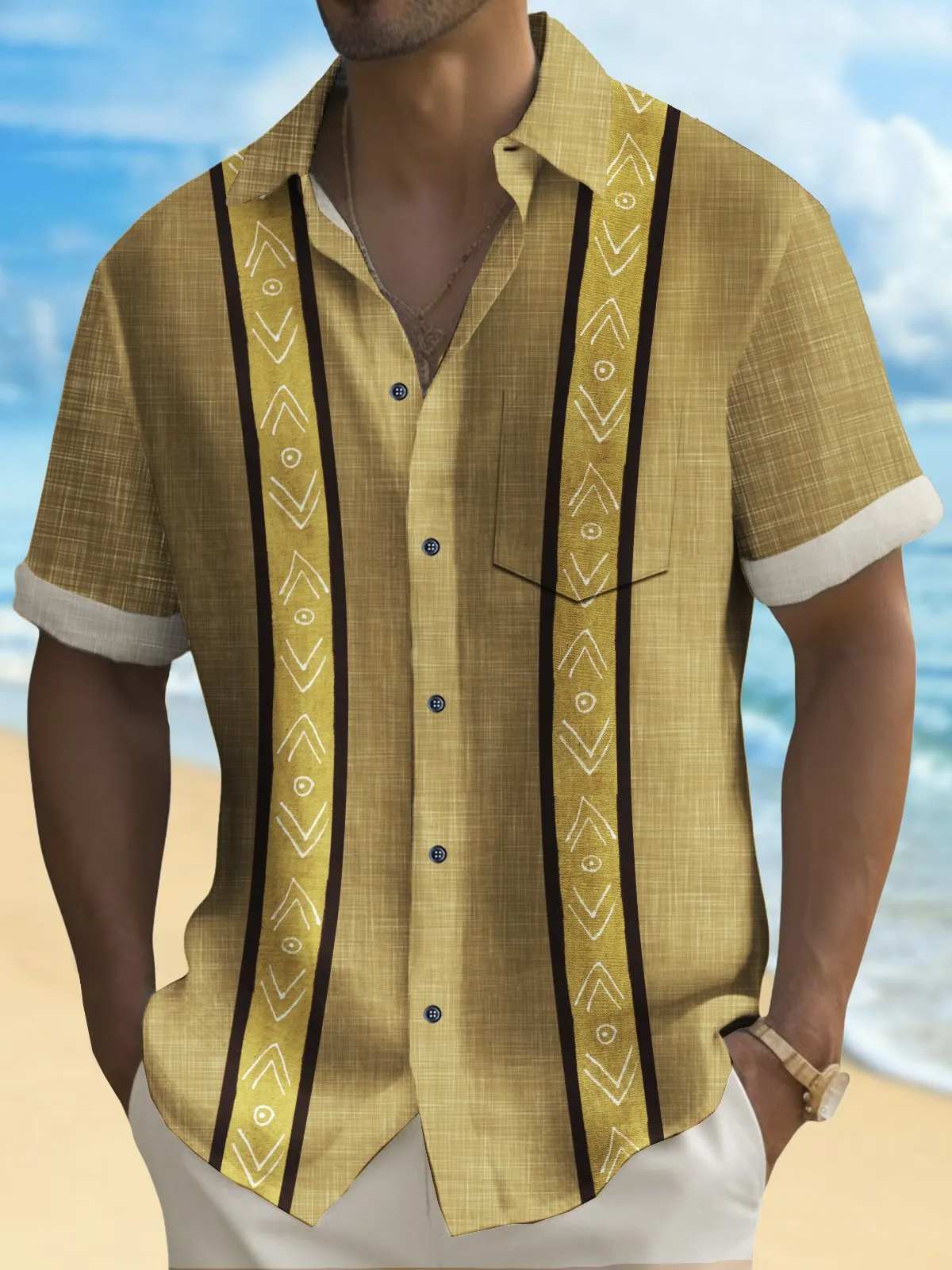 Alohadaddy Vintage Bowling Men's Hawaiian Shirt Stripe Print Guayabera Pocket Camping Shirt