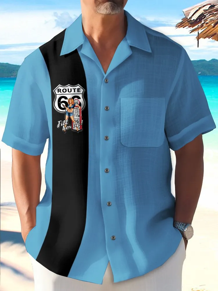 Alohadaddy Vintage Bowling Route 66 Fill Her Up Pinup GirlPrint Chest Pocket Shirt Plus Size Men's Shirt