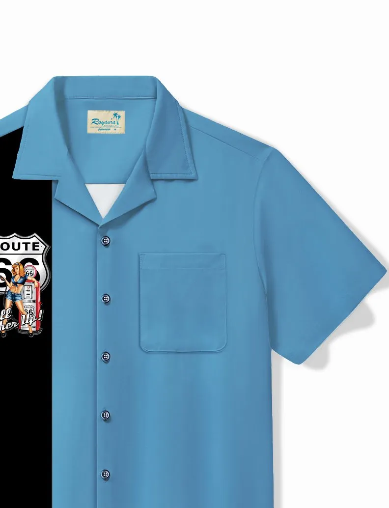Alohadaddy Vintage Bowling Route 66 Fill Her Up Pinup GirlPrint Chest Pocket Shirt Plus Size Men's Shirt