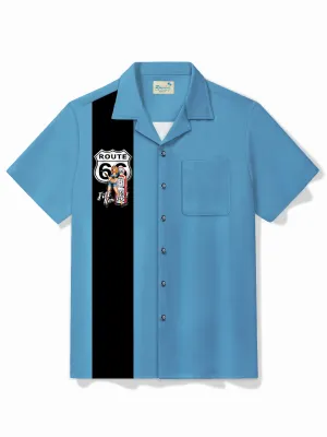 Alohadaddy Vintage Bowling Route 66 Fill Her Up Pinup GirlPrint Chest Pocket Shirt Plus Size Men's Shirt