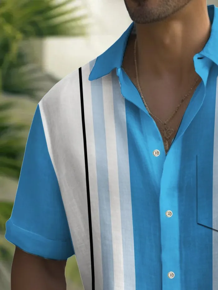 Alohadaddy Vintage Bowling Stripe Print Chest Pocket Shirt Plus Size Men's Shirt Big Tall