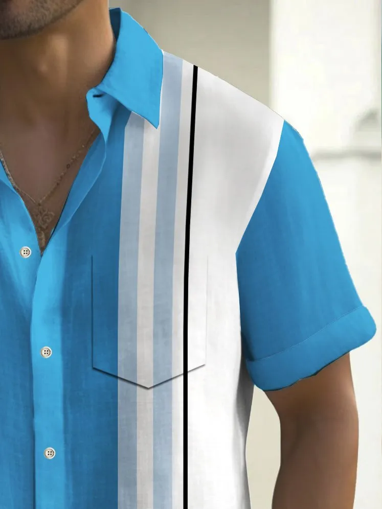 Alohadaddy Vintage Bowling Stripe Print Chest Pocket Shirt Plus Size Men's Shirt Big Tall