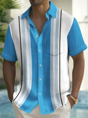 Alohadaddy Vintage Bowling Stripe Print Chest Pocket Shirt Plus Size Men's Shirt Big Tall