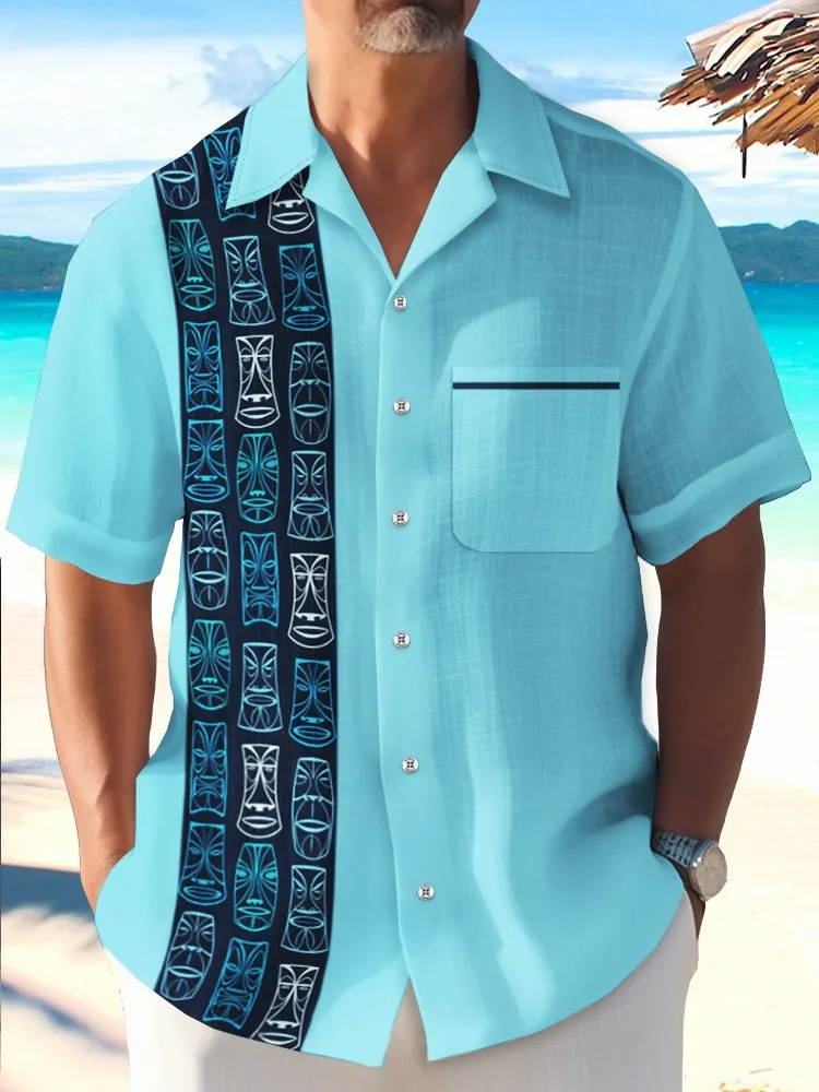 Alohadaddy Vintage Bowling Tiki Print Chest Pocket Shirt Plus Size Men's Shirt