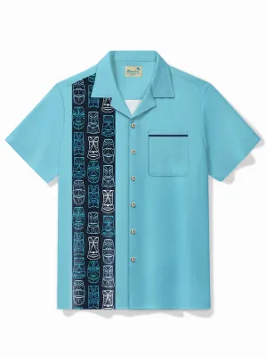 Alohadaddy Vintage Bowling Tiki Print Chest Pocket Shirt Plus Size Men's Shirt