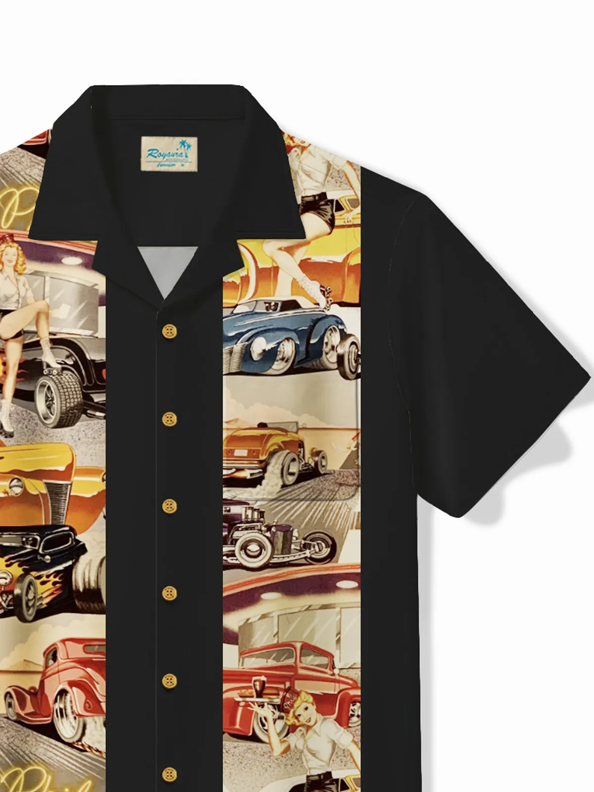 Alohadaddy Vintage Classic Car Black Men's Bowling Shirt Easy Care Camp Pocket Shirt Big Tall