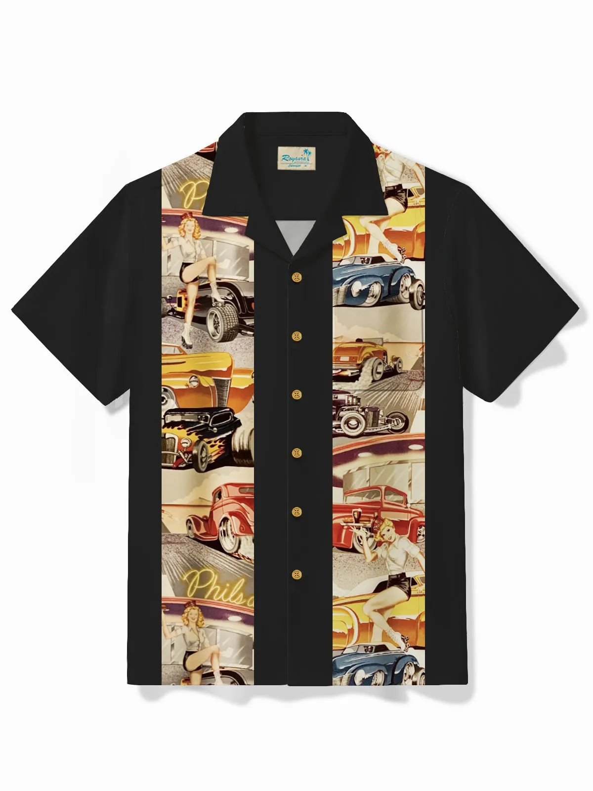 Alohadaddy Vintage Classic Car Black Men's Bowling Shirt Easy Care Camp Pocket Shirt Big Tall