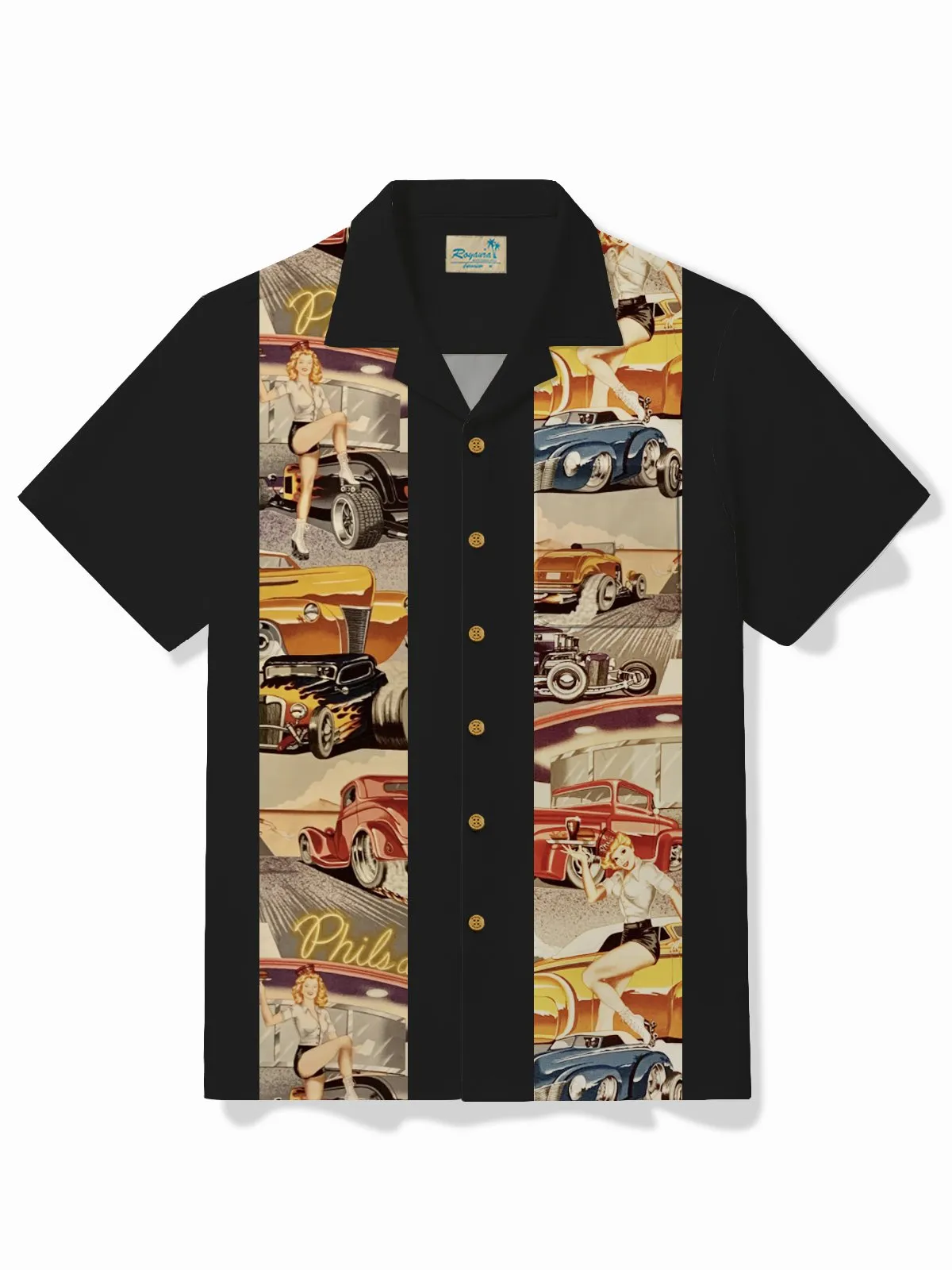 Alohadaddy Vintage Classic Car Black Men's Bowling Shirt Easy Care Camp Pocket Shirt Big Tall