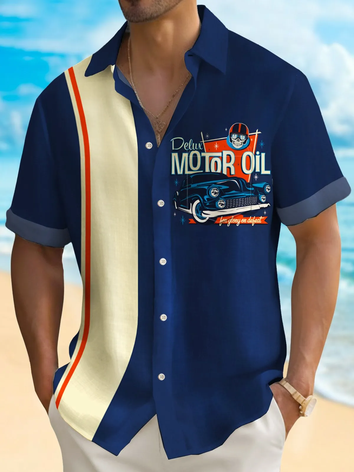 Alohadaddy Vintage Classic Car Blue Men's Bowling Shirt Easy Care Camp Pocket Shirt Big Tall
